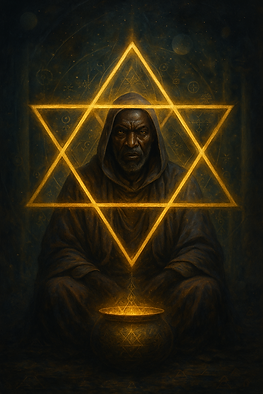 Sage contemplating beyond religion, pot of mysticism, symbols of relationship with cosmos and universe