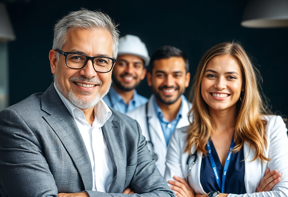 Grupo de profesionales sonrientes, incluyendo un hombre mayor con gafas y una mujer con bata de laboratorio, representando oportunidades laborales para hispanohablantes en sectores clave en los Países Bajos.