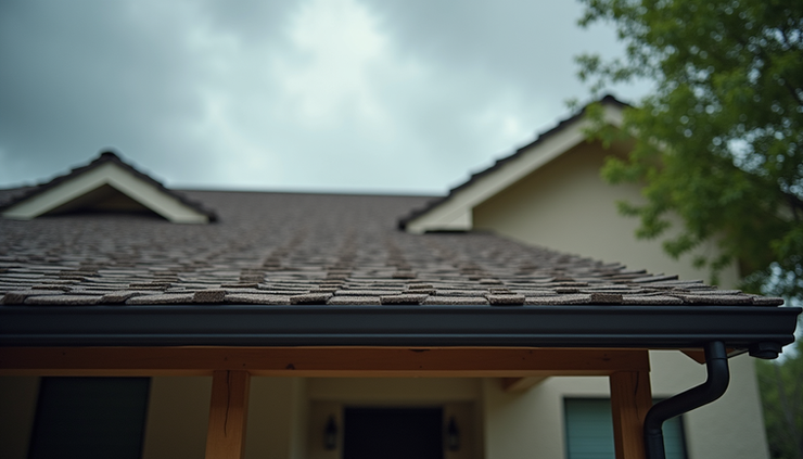 Eye-level view of a sturdy roofing system on a San Antonio home under cloudy skies