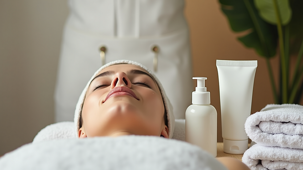 Eye-level view of a facial treatment setup with skincare products and towels