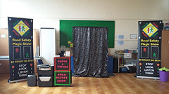 Road safety show, road safety magic show, magic show, school show, theatre in education, david tricks road safety school show, children's entertainer, safety show, stop look listen think, road safety week, educational show, magician,
