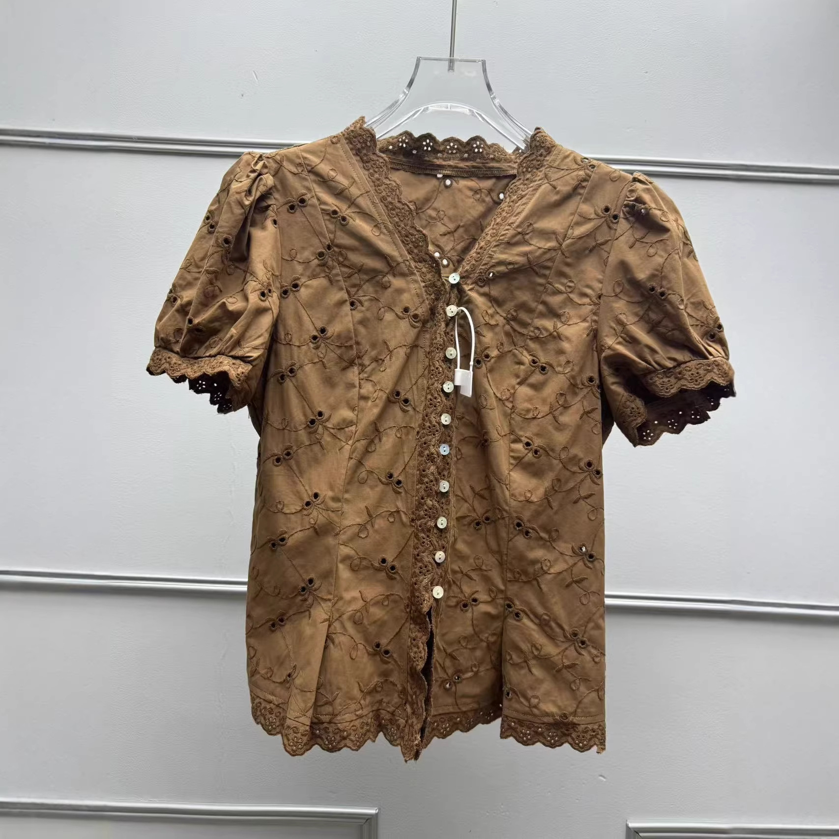 Embroidered Lace Trim V-Neck Blouse
