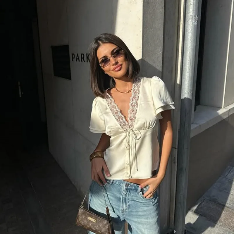 Solid Lace Tops V-Neck Short Sleeves Satin