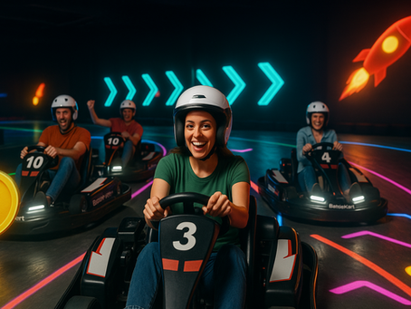 Friends racing AR go-karts at BattleKart Melbourne on a neon projection track — the #1 fun thing to do in Melbourne in 2025.