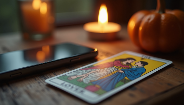 Close-up view of a tarot card showing The Lovers with a phone and candle in the background