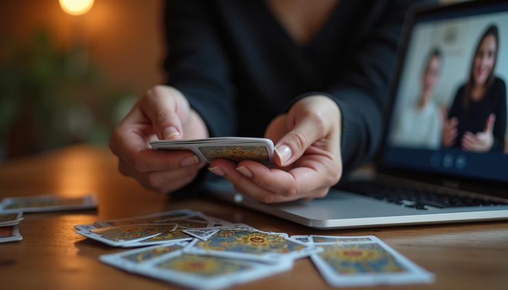 Close-up view of tarot cards being shuffled during a video call session