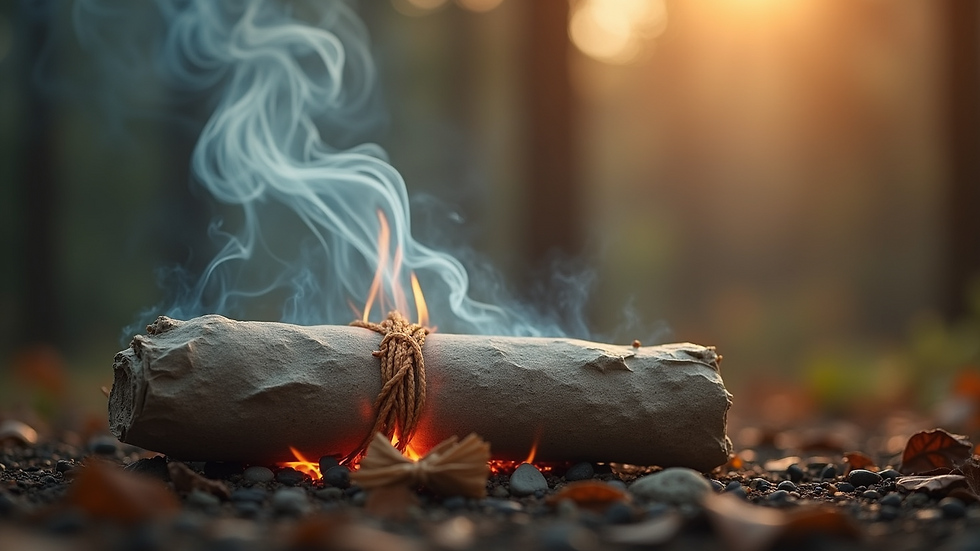 Eye-level view of a sage bundle with smoke rising