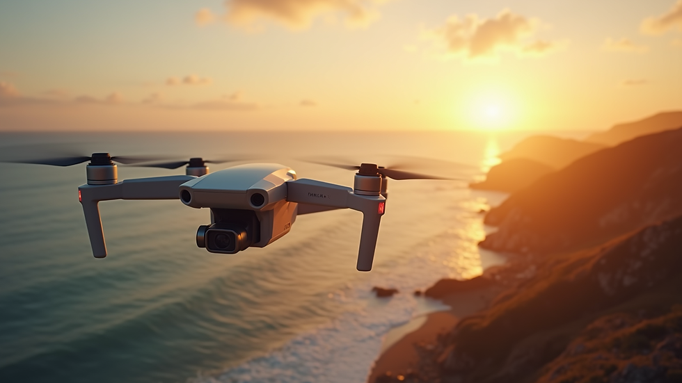 High angle view of a drone capturing a coastal sunrise scene