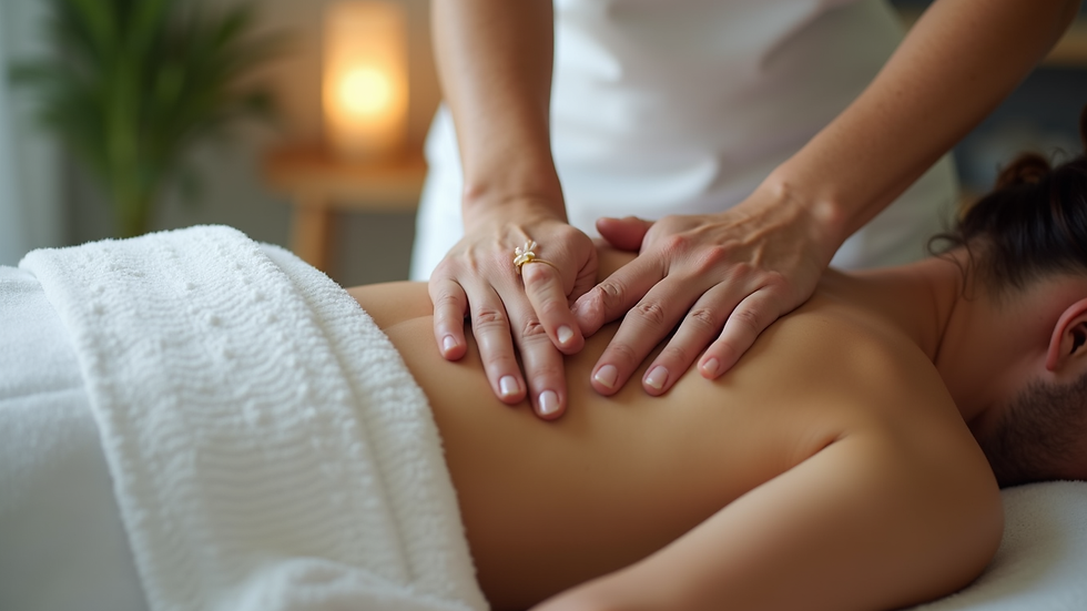 Close-up view of a massage therapist’s hands applying gentle pressure on a client’s back