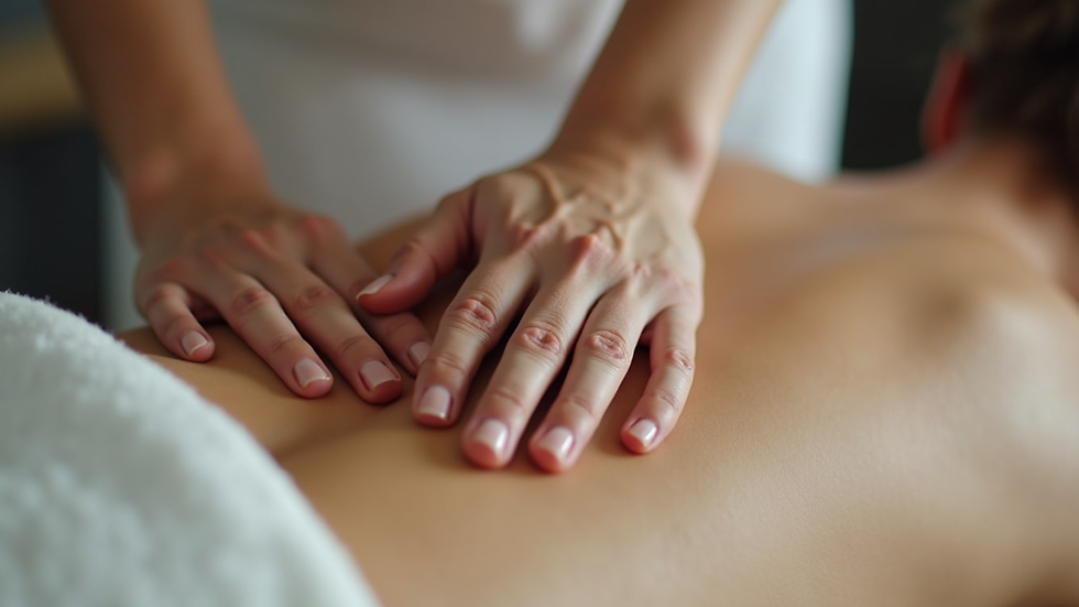 Close-up view of a massage therapist’s hands gently applying light pressure on a client’s back
