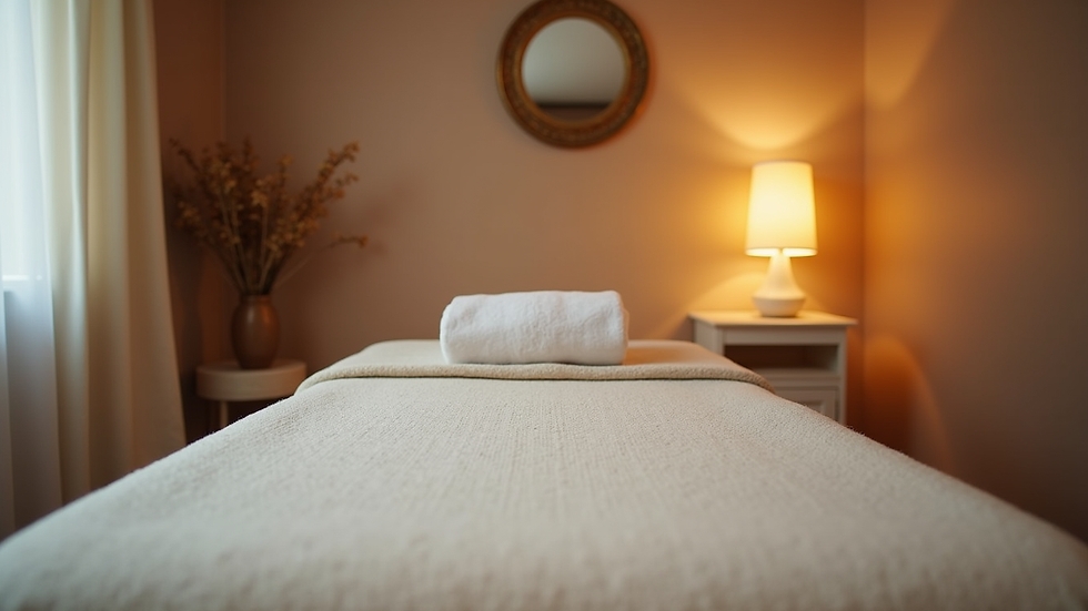 Eye-level view of a massage table set up in a cozy therapy room