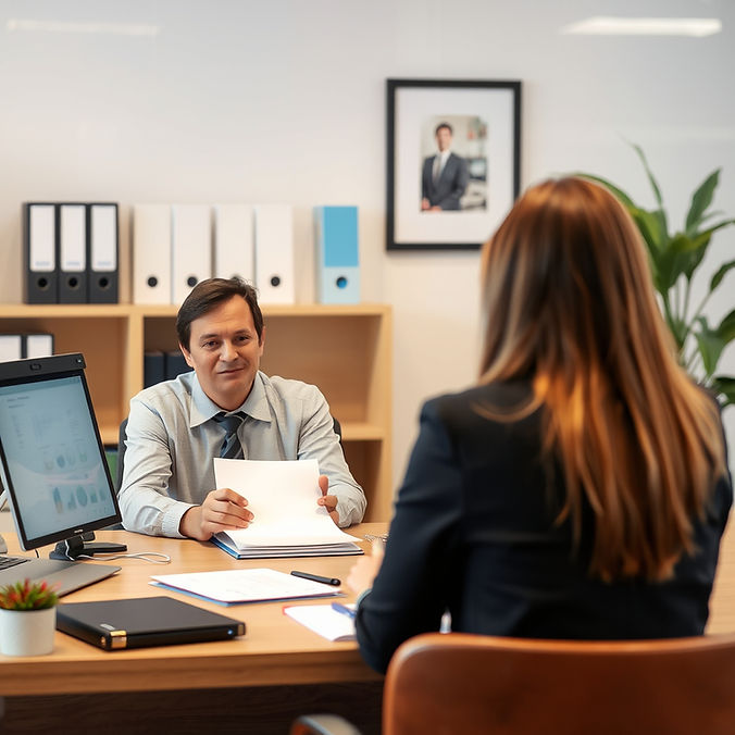 a photo of an professional immigration adviser facing the camera siting behind a work des