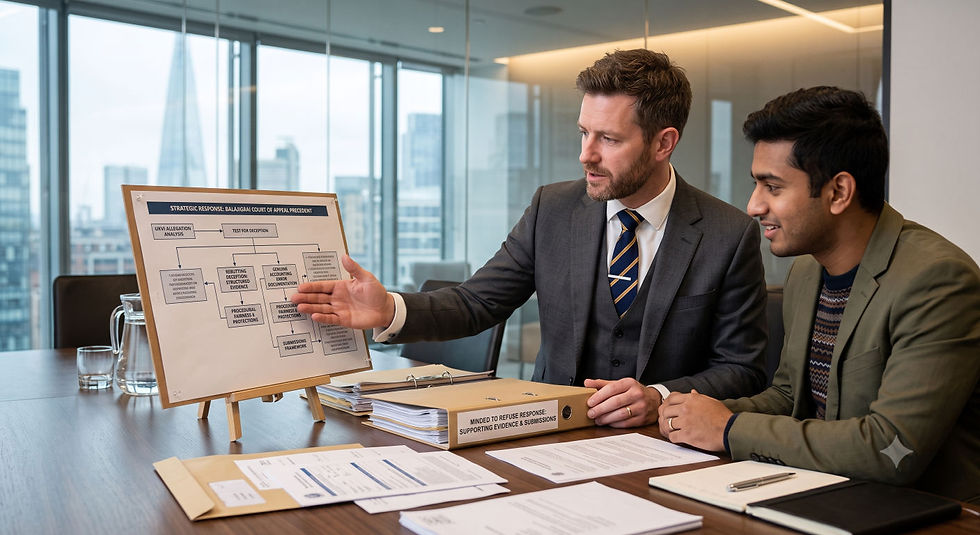 Immigration adviser Marc Gibson providing legal defence advice during a client consultation regarding Home Office suitability and character check