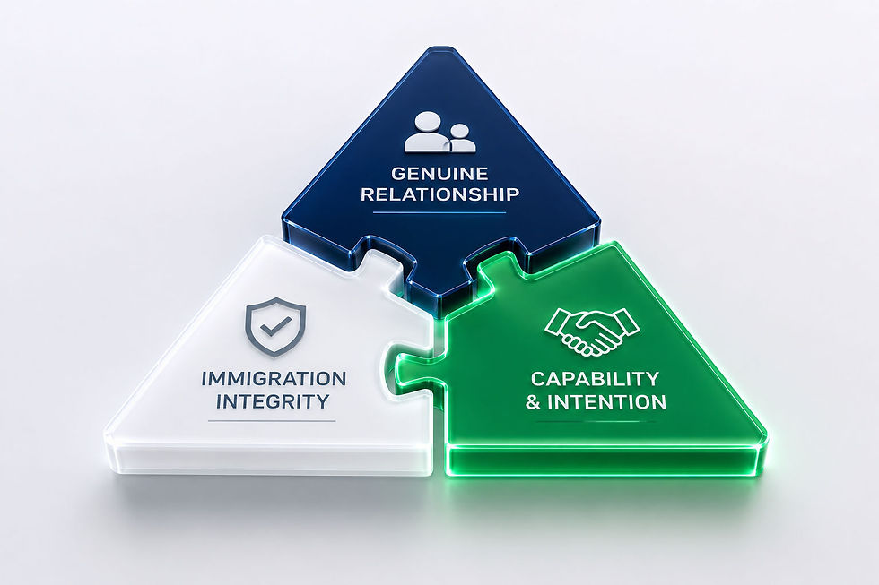 The 3 interlocking pillars of a UK Family Visitor Visa Application, genuine relationship, Capability & Intention lastly Immigration integrity