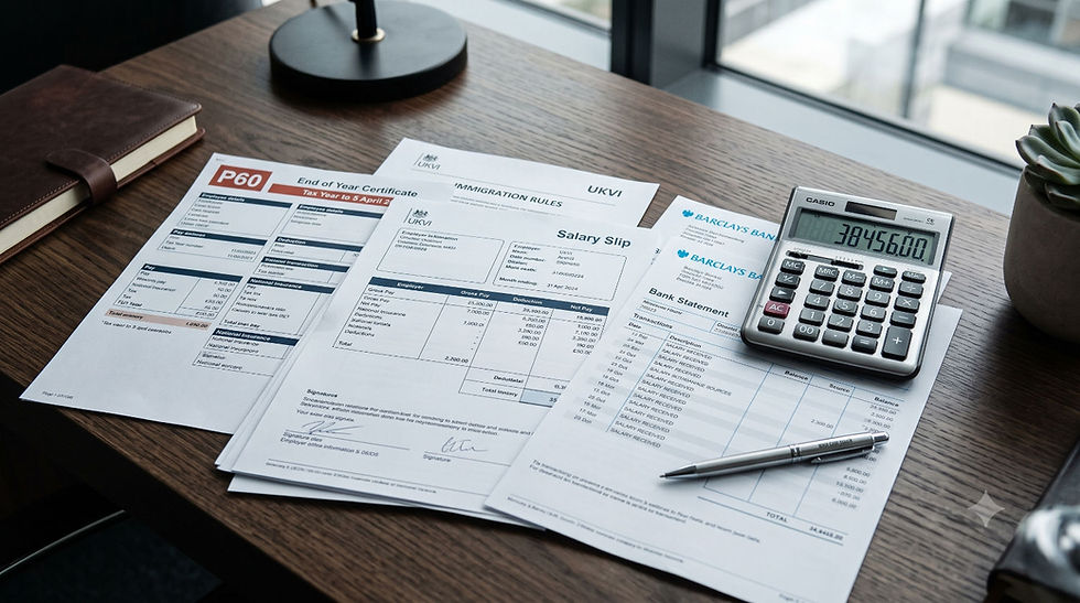 sample of employment documents on a desk for a visa application