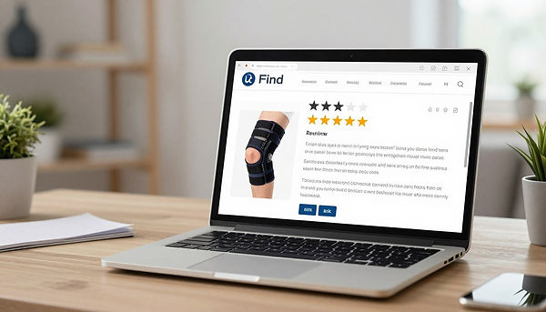 Laptop screen showing knee brace reviews and ratings.