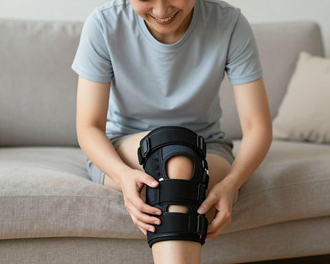 A person experiencing relief from knee pain while wearing a brace.