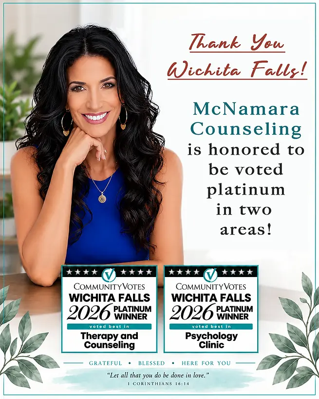 Graphic of Marisa McNamara announcing McNamara Counseling won 2026 CommunityVotes Platinum awards in Therapy & Counseling and