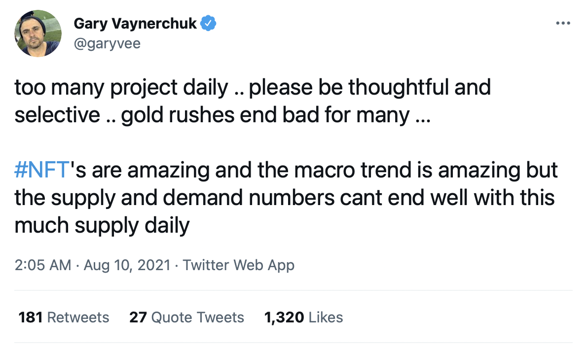 Tweet from Gary Vaynerchuk, one of the thought leaders in the NFT space.