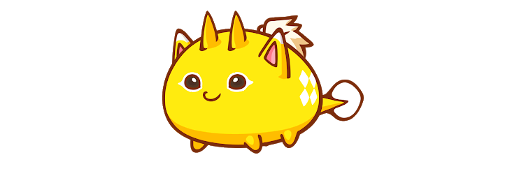 A yellow fantasy creature that a player will battle, raise, and trade as an NFT in the game Axie Infinity.