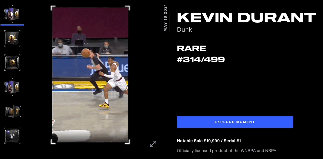 Kevin Durant dunking in an NBA match, a video clip available for sale as an NFT.