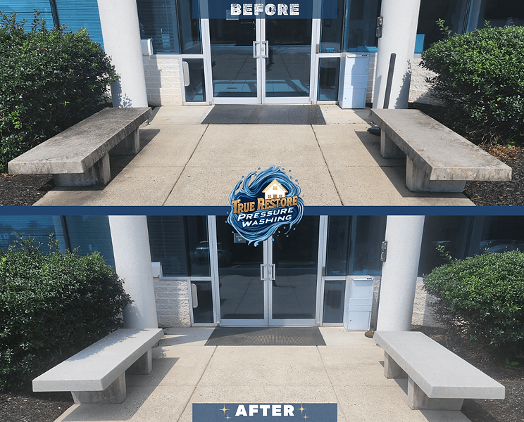 Concrete benches cleaned at a commercial property in Reading, PA, showing dramatic transformation