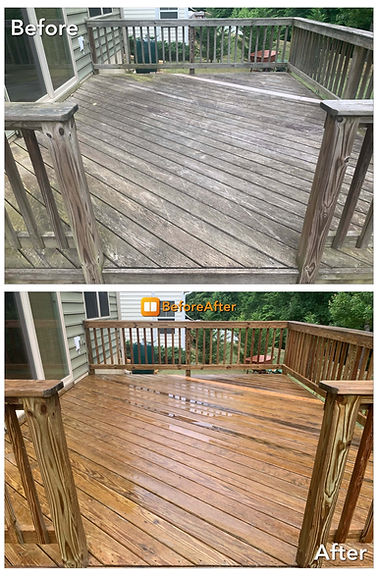 Before and after of deck cleaning in Wyomissing, PA by True Restore, showing removal of mold, algae, and grime from wood surfaces to restore natural color.