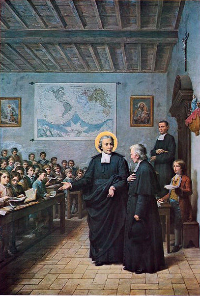 Primeira escola dos Irmãos em Paris, rua Princesse, na paróquia de São Sulpício. O pároco, Sr. de La Chétardye, visita a escola, por Giovanni Gagliardi (1901)