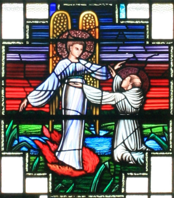 Vitral de São Finiano sendo guiado por um anjo a Clonard.