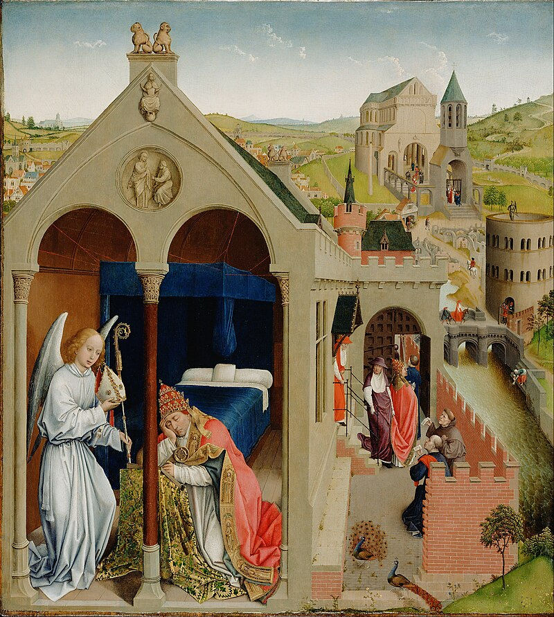 "O Sonho do Papa Sérgio", (1430), do Retábulo de São Huberto por Rogier van der Weyden e seu ateliê.