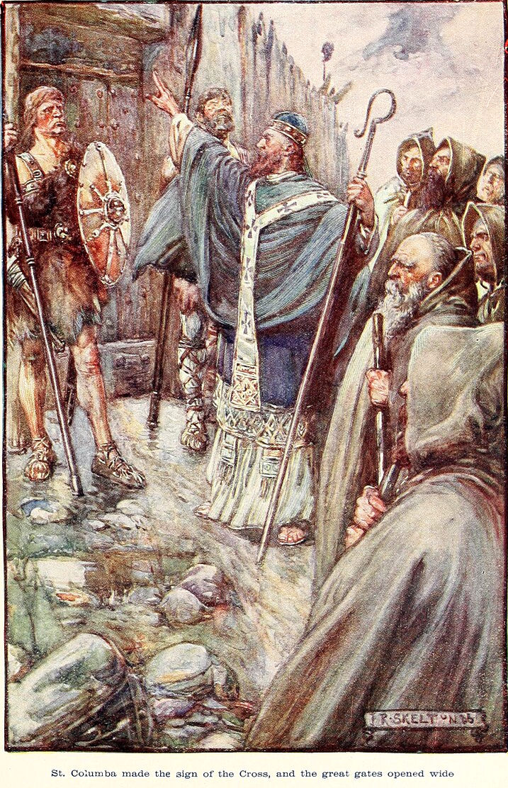 São Colomba batendo ao portão de Bridei, filho de Maelchon, rei de Fortriu, por J. R. Skelton