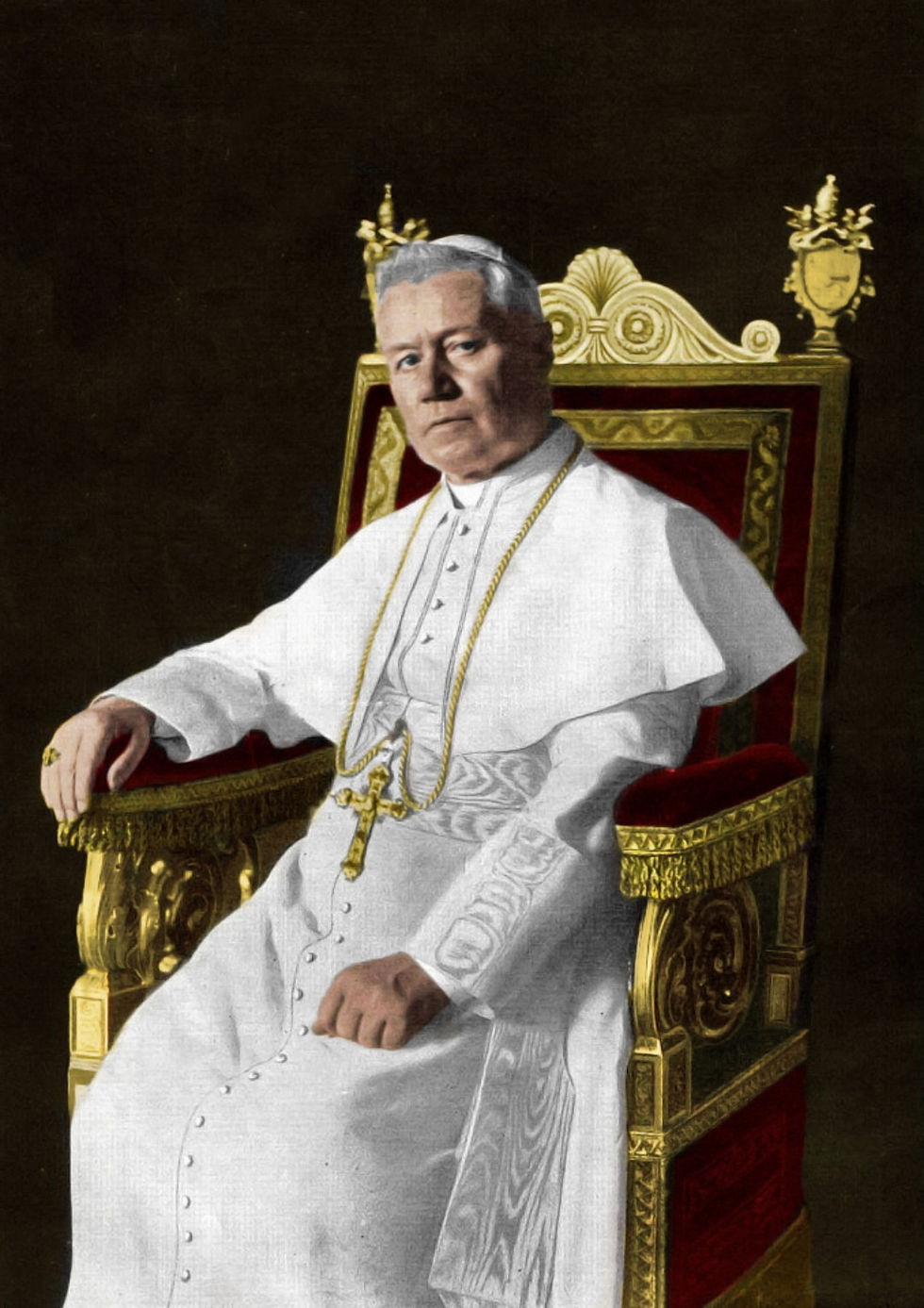 Fotografia Papa São Pio X, outubrode 1903, na página das Missões Católicas para a Alemanha e Áustria-Hungria, em Freiburg, em Breisgau (colorida digitalmente)