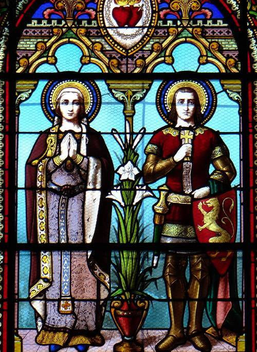 Vitral na Igreja de São Saturnino, em Quinsac, na Dordonha francesa, representa Santo Eleázar e a Beata Delfina, sua esposa.