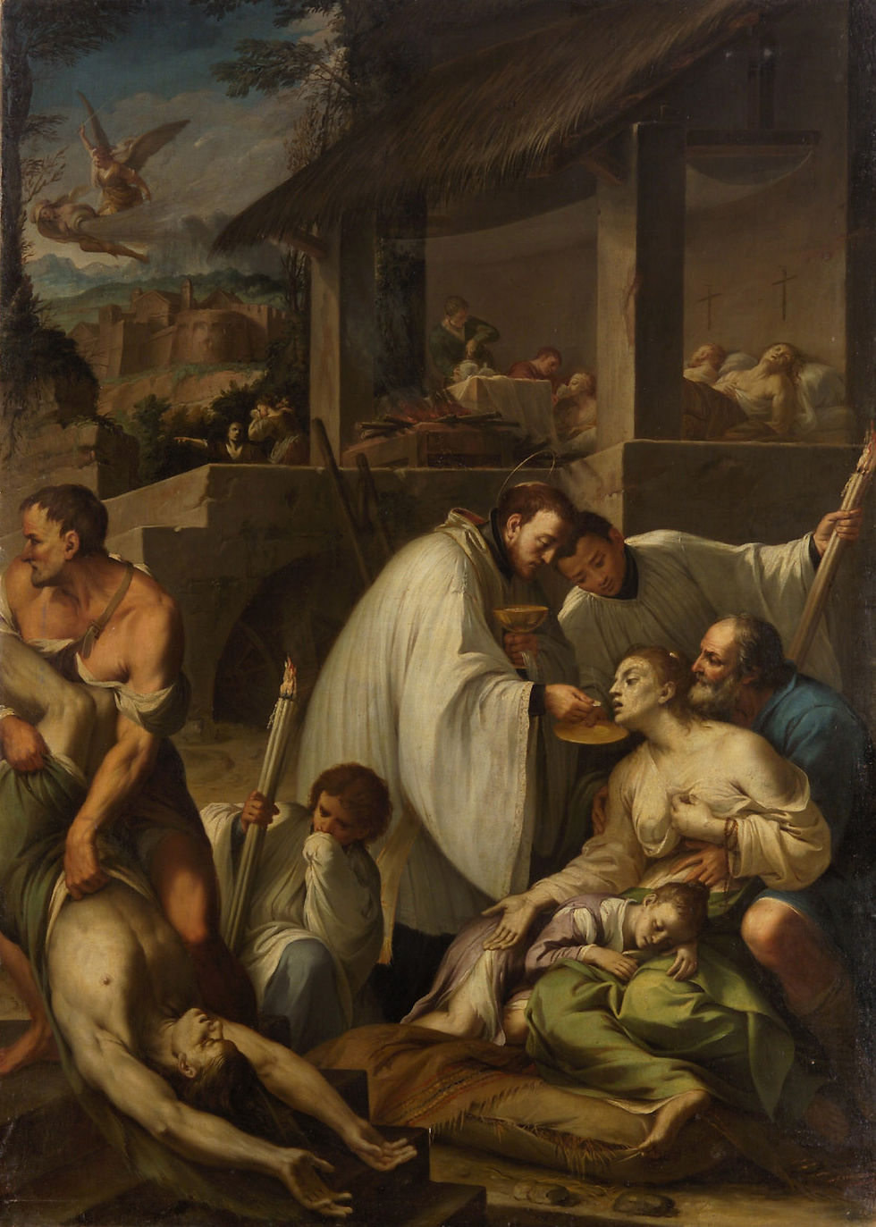 São Luís Gonzaga com os enfermos da peste, por Aureliano Milani (1624).