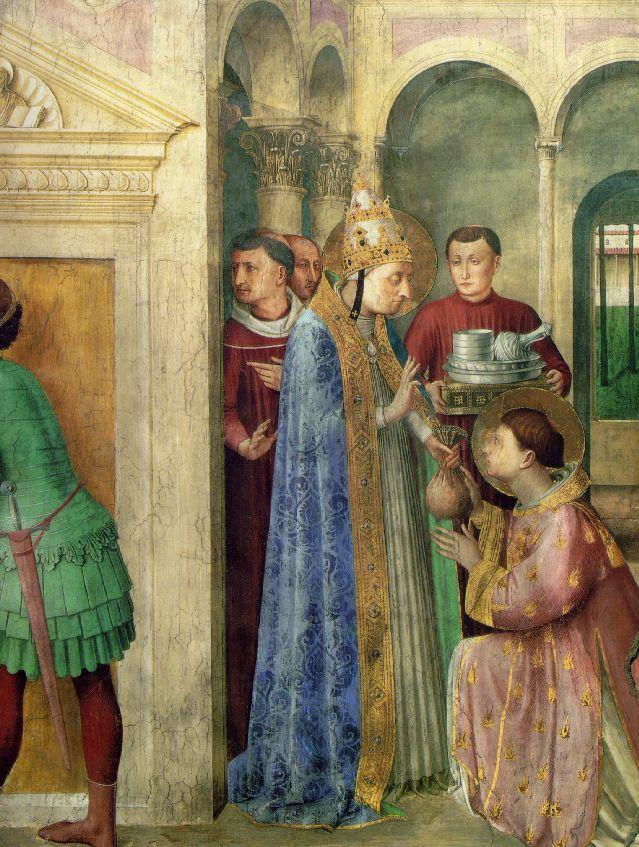 São Lourenço recebendo os tesouros da Igreja das mãos do Papa São Sisto II, por Fra Angelico (c. 1395–1455)