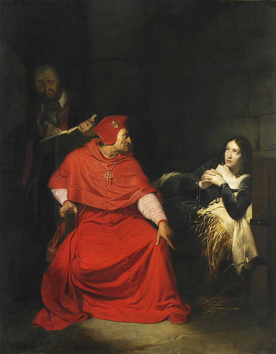 Cardeal Henrique Beaufort interrogando Santa Joana d'Arc na prisão, por Paul Delaroche (1797–1856)