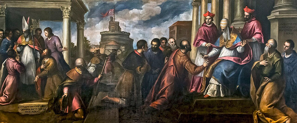 O Papa Santo Anacleto fundou a Ordem dos Crucifixos e São Cirilo de Jerusalém reconfirma a Ordem, por Palma il Giovane