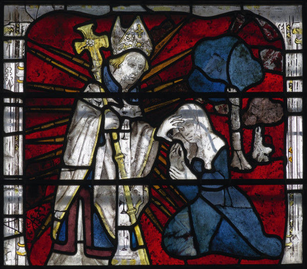 São Guilherme cura uma menina cega (Painel 11c), vitral da Catedral de York (York Minster), Inglaterra.