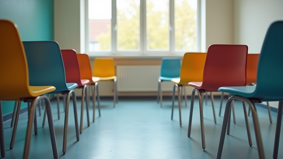 Eye-level view of a classroom setup with colorful chairs arranged in a circle