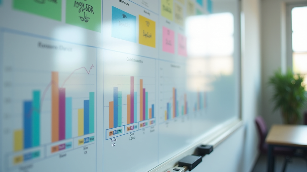 Eye-level view of a classroom whiteboard filled with colorful charts and graphs