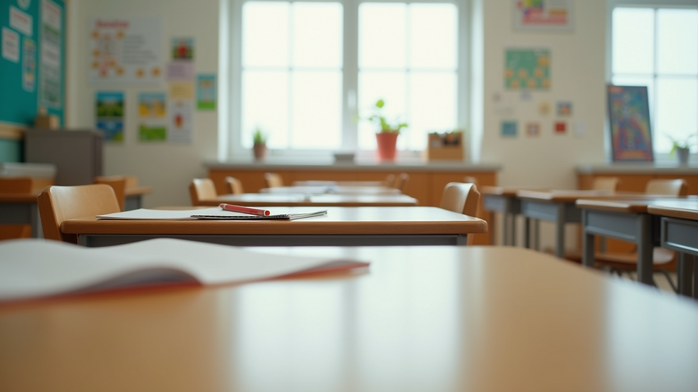 Eye-level view of a classroom with diverse learning materials on desks