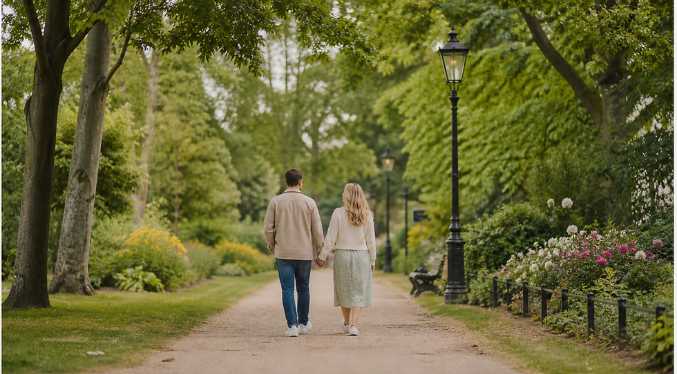 Couple walking hand in hand along a tree-lined path during a relaxed outdoor engagement shoot in South East London