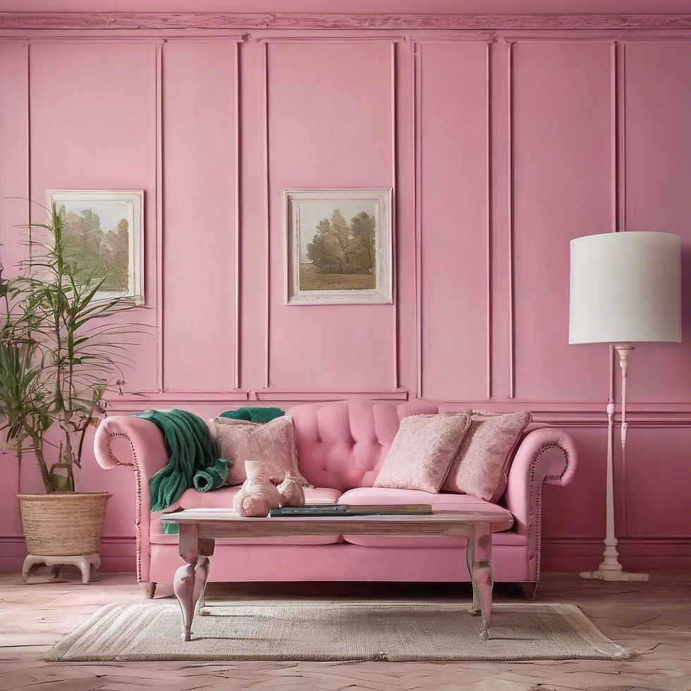Pink room with a tufted sofa, green throw, and pink pillows. Potted plant and floor lamp nearby. Two framed tree artworks on the wall. Cozy atmosphere.