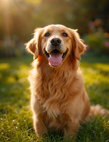 Happy Golden Retriever sitting in a clean, sunny garden in Barnehurst — kept fresh and waste-free by ScoopAtroop's dog waste removal service in DA7
