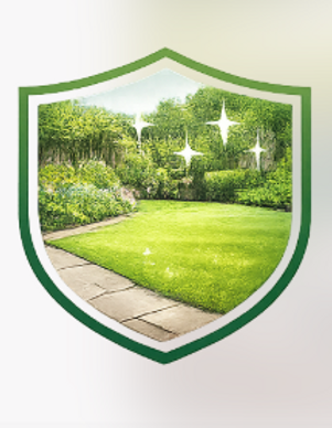 Clean, sparkling garden inside a shield graphic — representing ScoopAtroop's artificial grass pet waste cleaning and sanitising service in Bexleyheath
