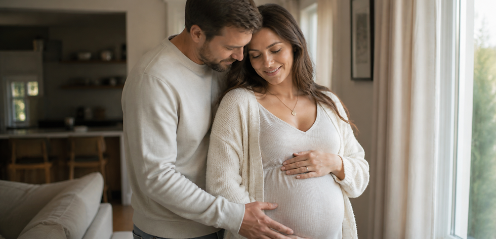 Couple sharing a tender moment during an indoor maternity shoot in Bexleyheath, partner holding bump from behind by a bright window