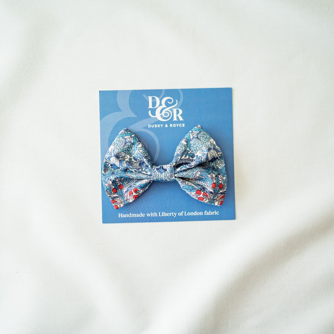 Hair Bow Clip (Alligator clip) made with Liberty fabric - Strawberry Pale Blue