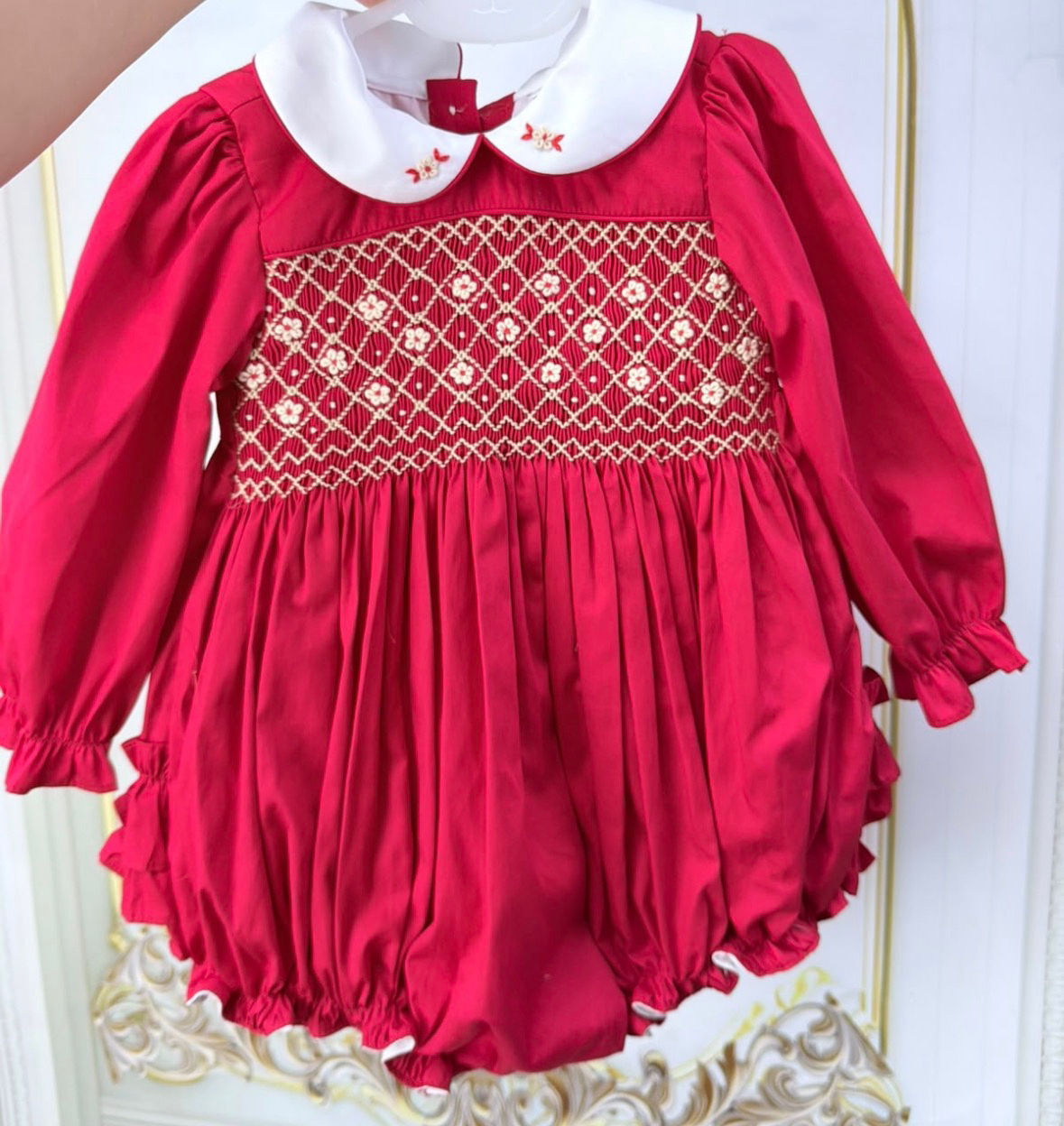 Red & gold long sleeve ruffle bum romper 