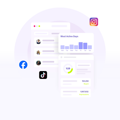 Sosyal medya panellerini gösteren arayüz. Instagram, Facebook ve TikTok logoları.