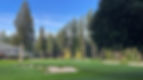 Golf course with lush green grass and sand bunkers, surrounded by tall pine trees. A clubhouse is visible in the background under a blue sky.